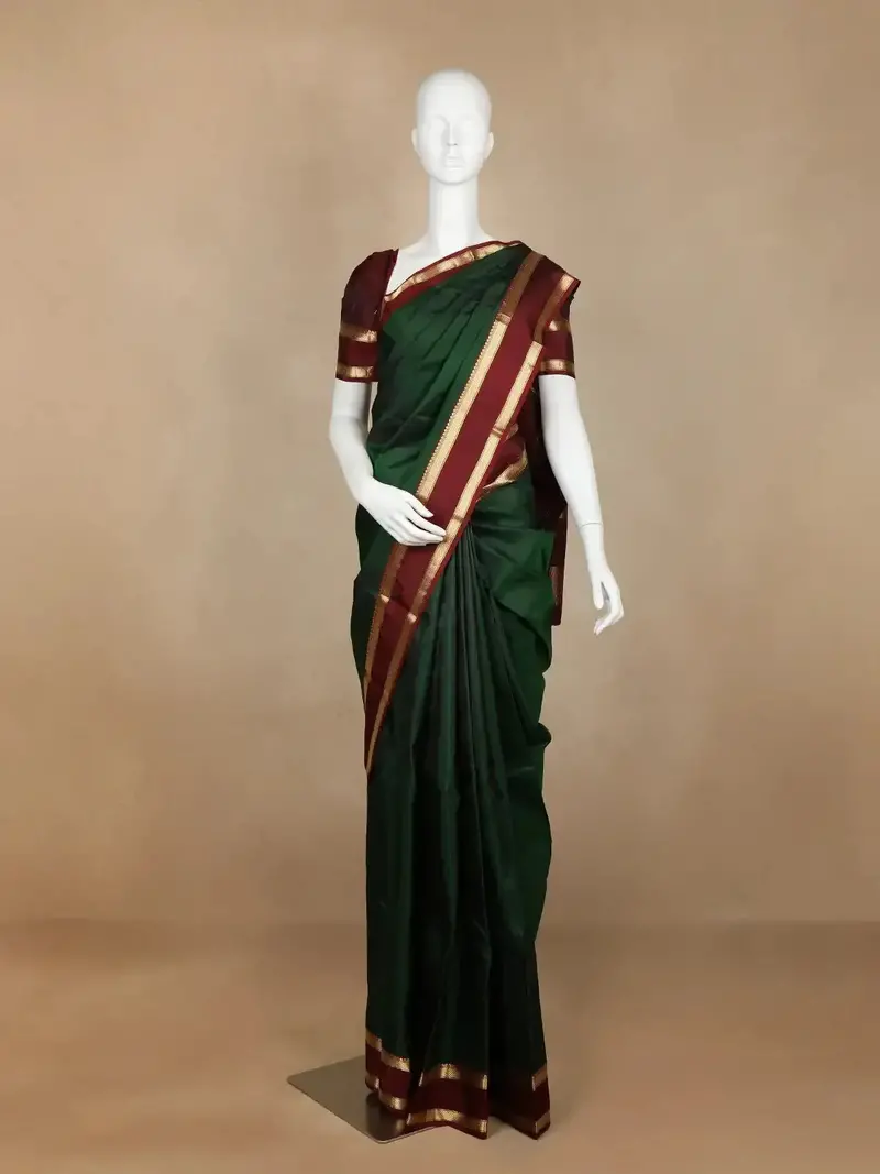 Bottle Green Plain Pure Kanchipuram Silk Saree 1