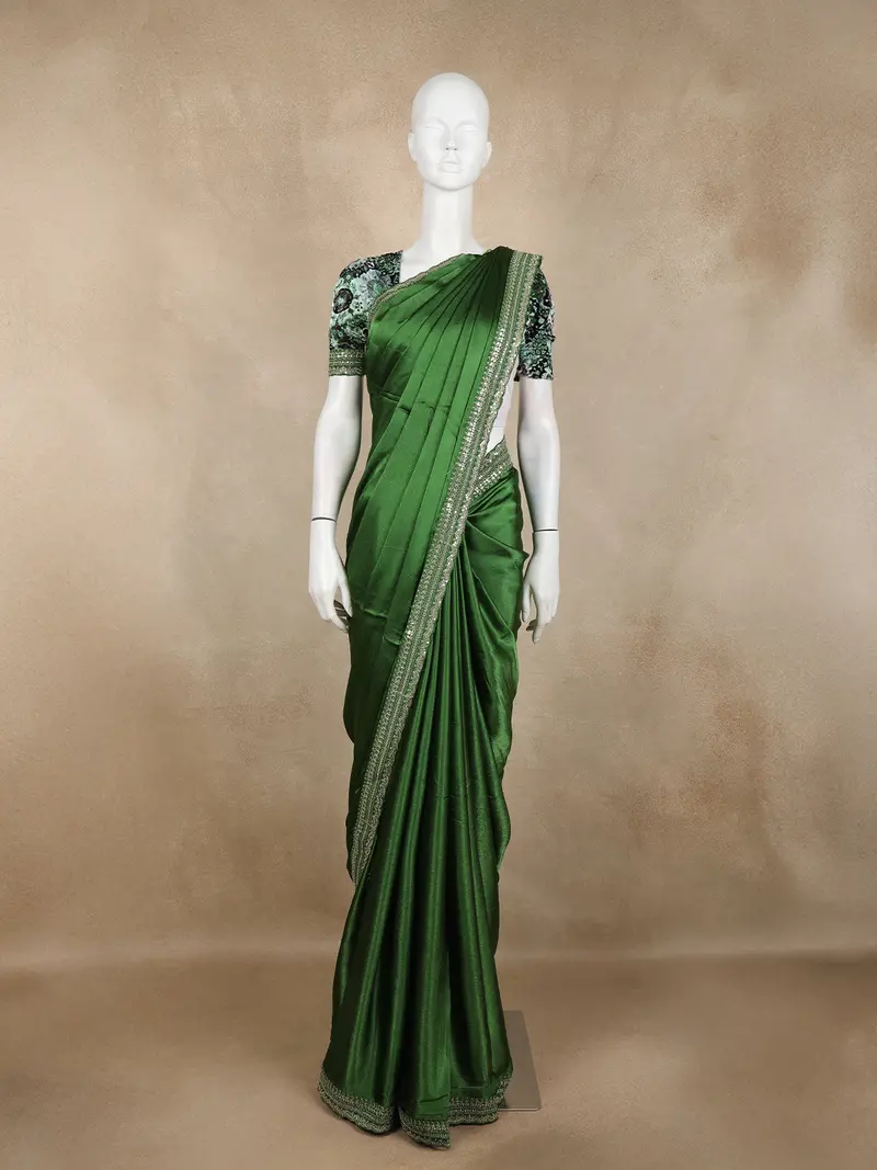 Bottle Green Satin Saree With Designer Border 1