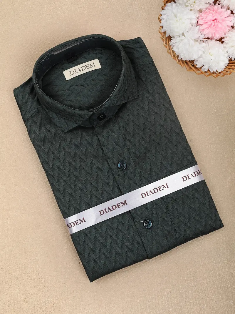 Bottle Green Self-Textured Design Full Sleeve Cotton Kid's Shirt 1
