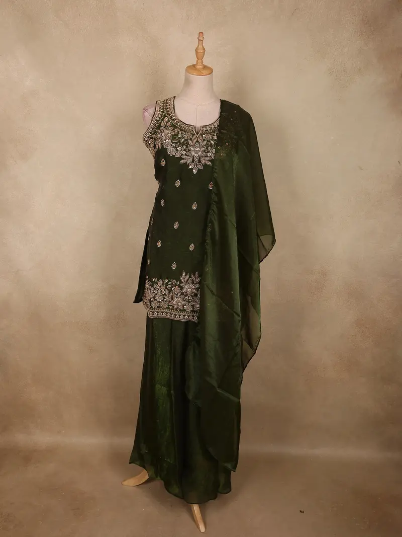 Bottle Green Sequins And Beads Embroidered Design Organza Palazzo Suit With Dupatta 1