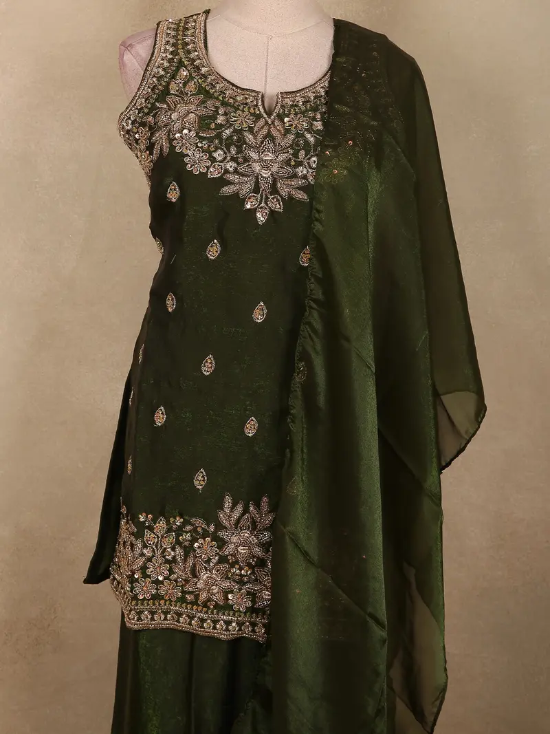Bottle Green Sequins And Beads Embroidered Design Organza Palazzo Suit With Dupatta 2