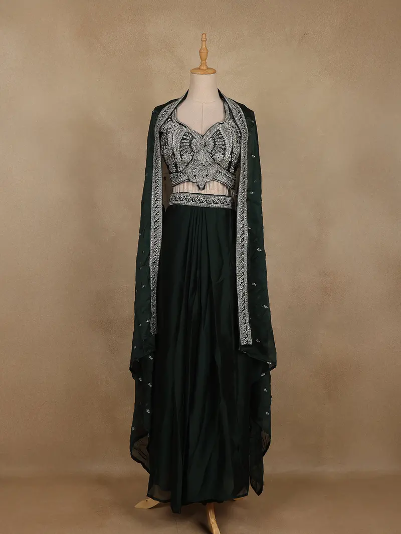 Bottle Green Sequins Design Organza Skirt Top With Dupatta 1