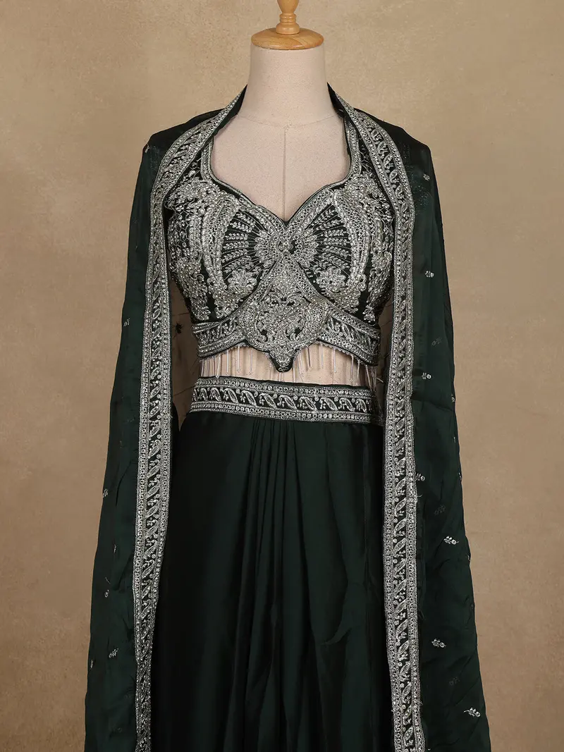 Bottle Green Sequins Design Organza Skirt Top With Dupatta 2