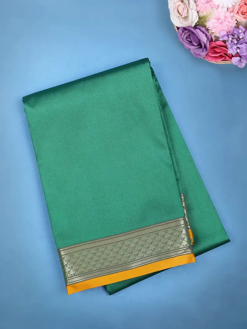 Bottle Green Silver Zari Border With Mustard Selvedge Soft Silk Saree 1