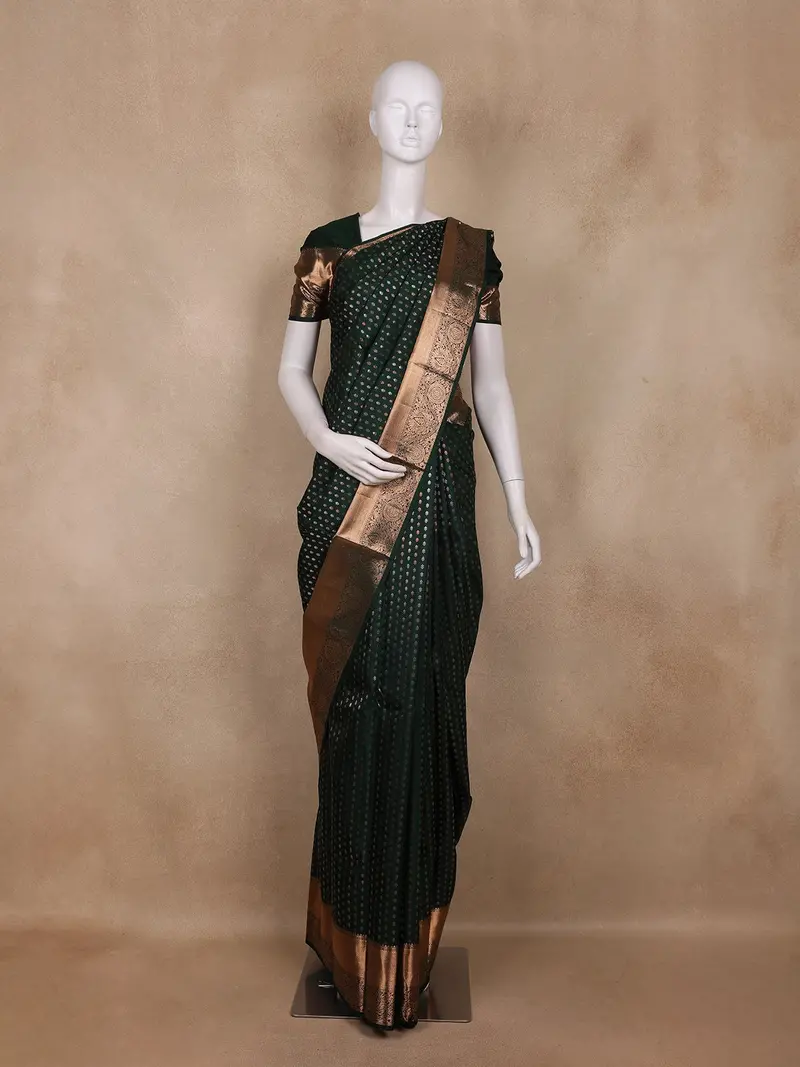 Bottle Green Small Butta Woven Kanchipuram Silk Saree With Copper Zari Border 1