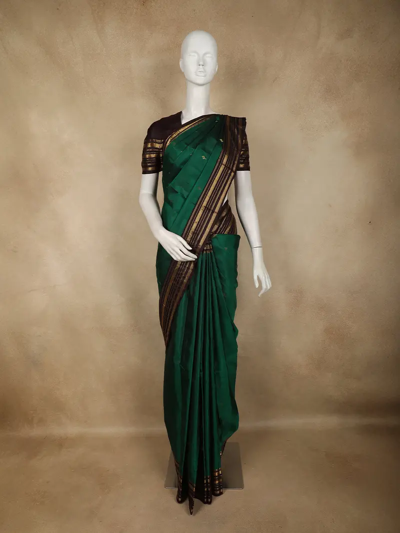 Bottle Green Small Butta Woven Kanchipuram Silk Saree With Zari Border 1