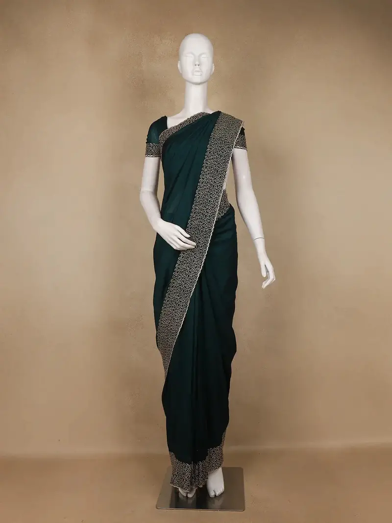 Bottle Green Solid Chiffon Saree With Sequins Embellished 1