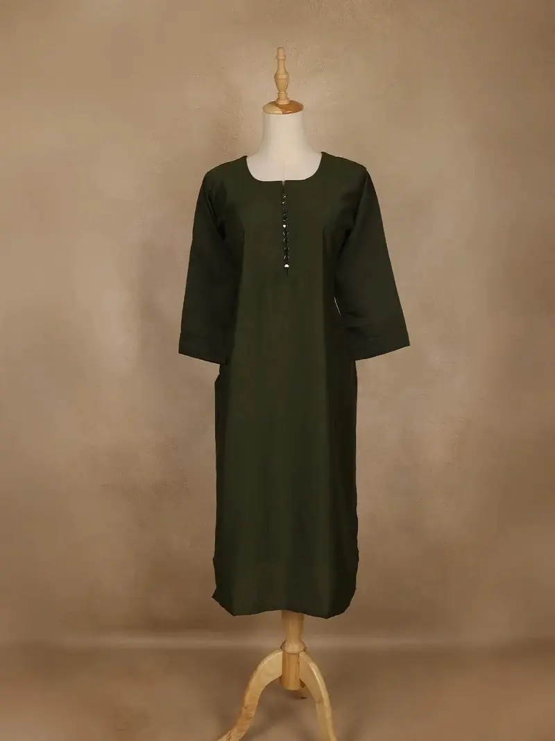 Bottle Green Solid Cotton Kurti With Button Detailing 1