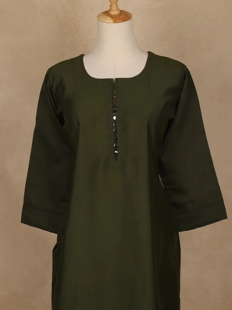 Bottle Green Solid Cotton Kurti With Button Detailing 2