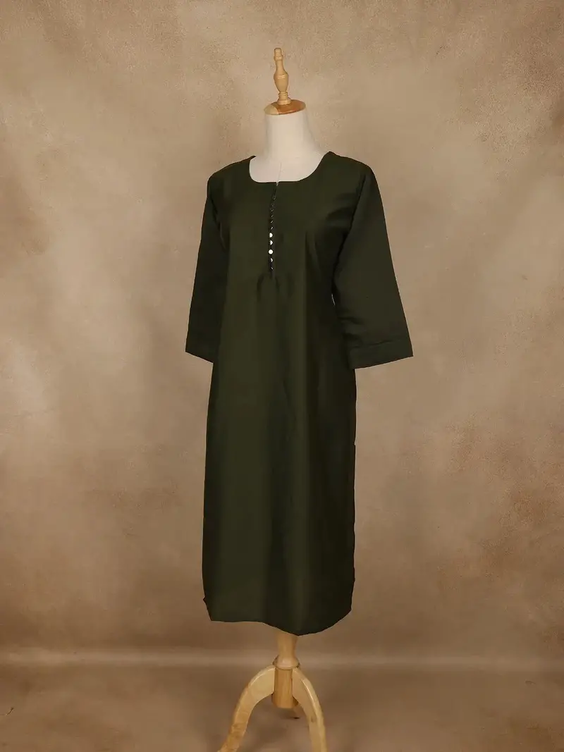 Bottle Green Solid Cotton Kurti With Button Detailing 3