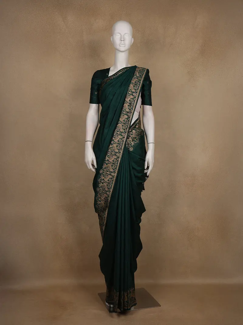 Bottle Green Solid Design Raw Silk Saree With Zari Border 1