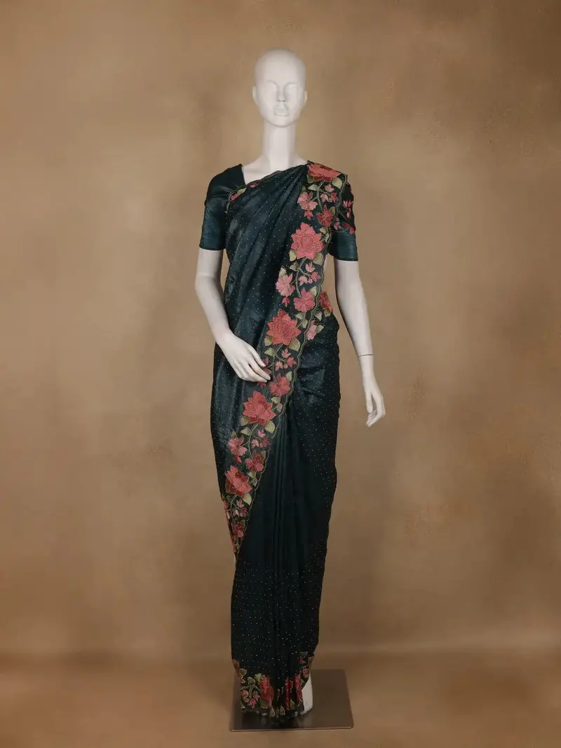 Bottle Green Solid Design Stone Work Organza Saree With Scalloped Border 1