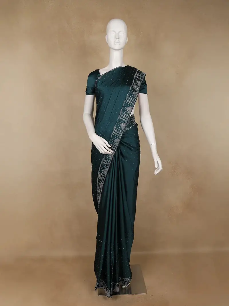 Bottle Green Stone Embellishment Chiffon Saree 1