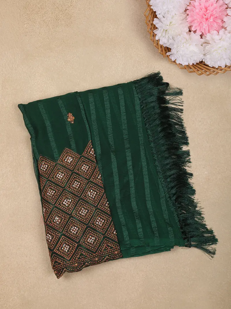 Bottle Green Striped Design Georgette Saree With Designer Blouse 1