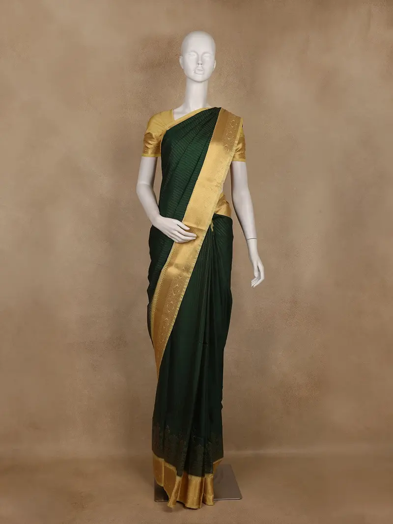 Bottle Green Striped Design Semi Silk Saree With Contrast Mustard Zari Border 1