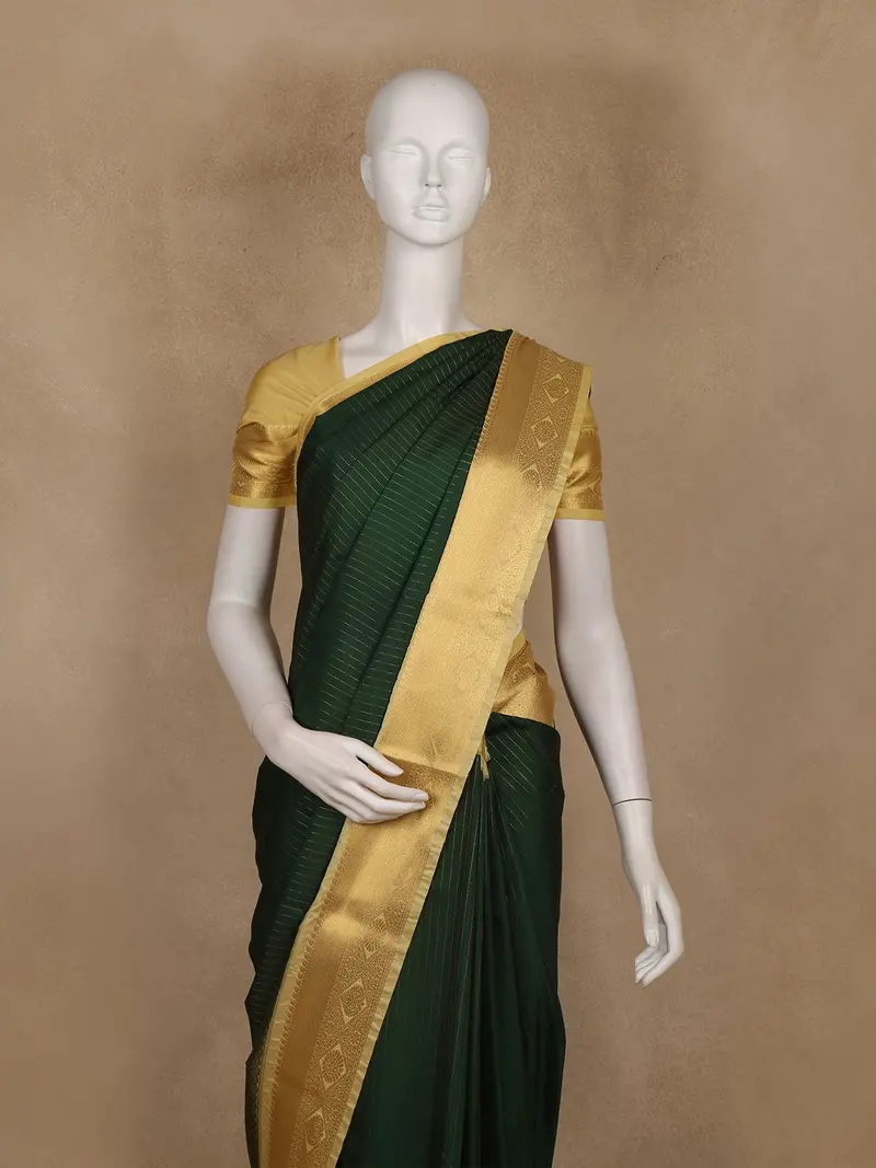 Bottle Green Striped Design Semi Silk Saree With Contrast Mustard Zari Border 2