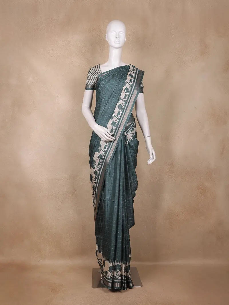 Bottle Green Striped Design Semi Tussar Silk Saree With Elephant Pattern Zari Border 1