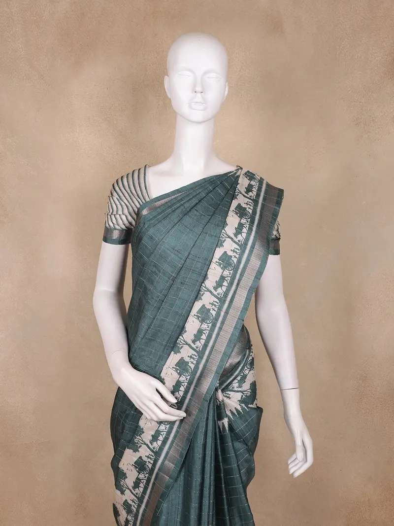 Bottle Green Striped Design Semi Tussar Silk Saree With Elephant Pattern Zari Border 2