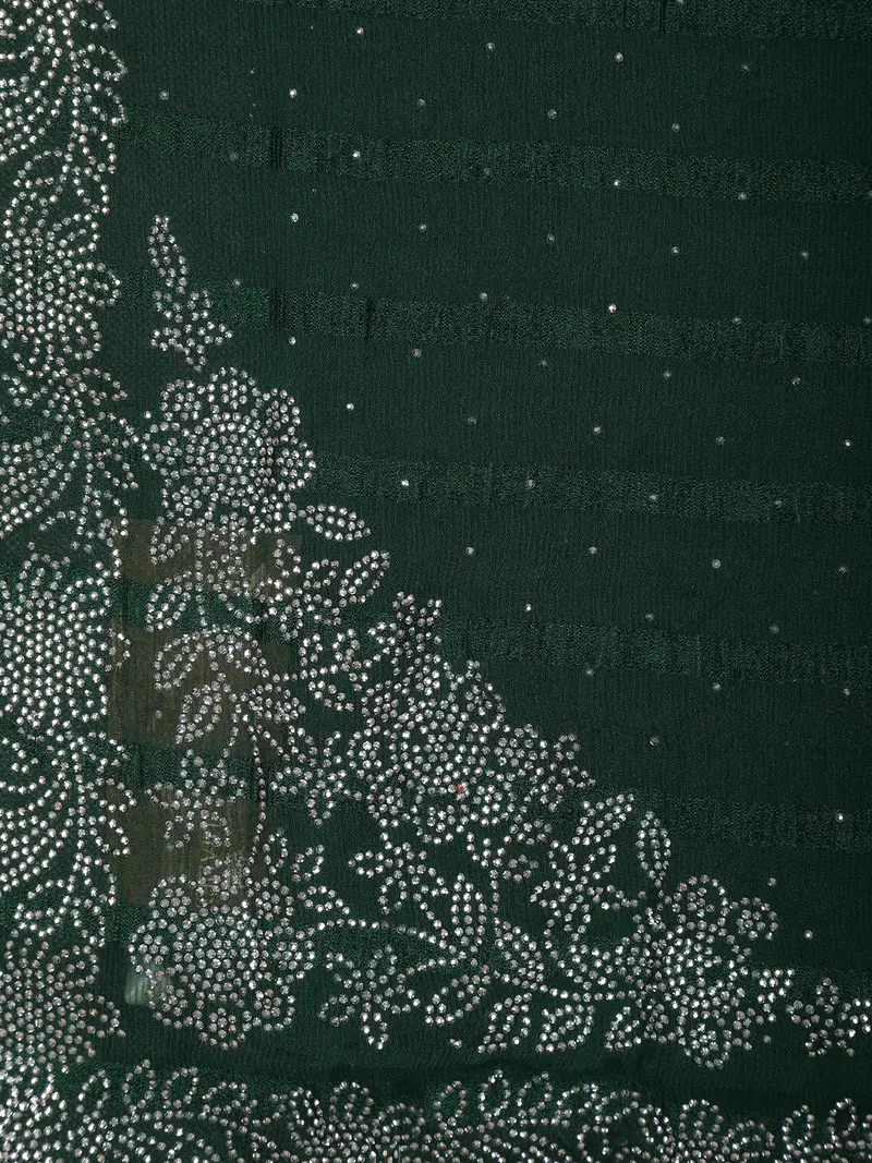 Bottle Green Striped Floral Design Georgette Saree 2