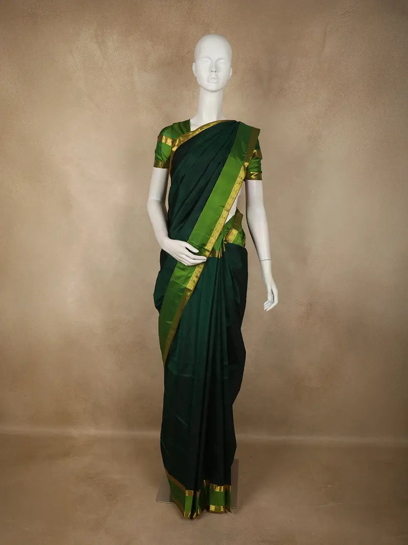 Bottle Green Striped Woven Design Kanchipuram Silk Saree With Zari Border 1