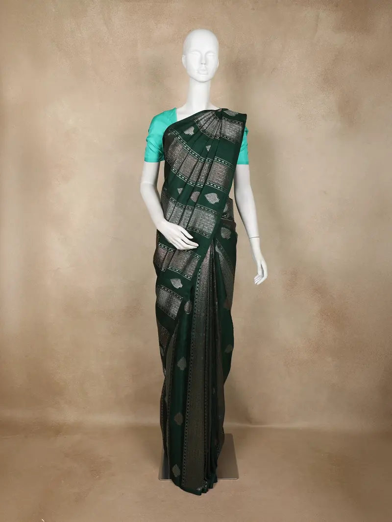 Bottle Green Stripes Design Kanchipuram Silk Saree With Solid Border 1