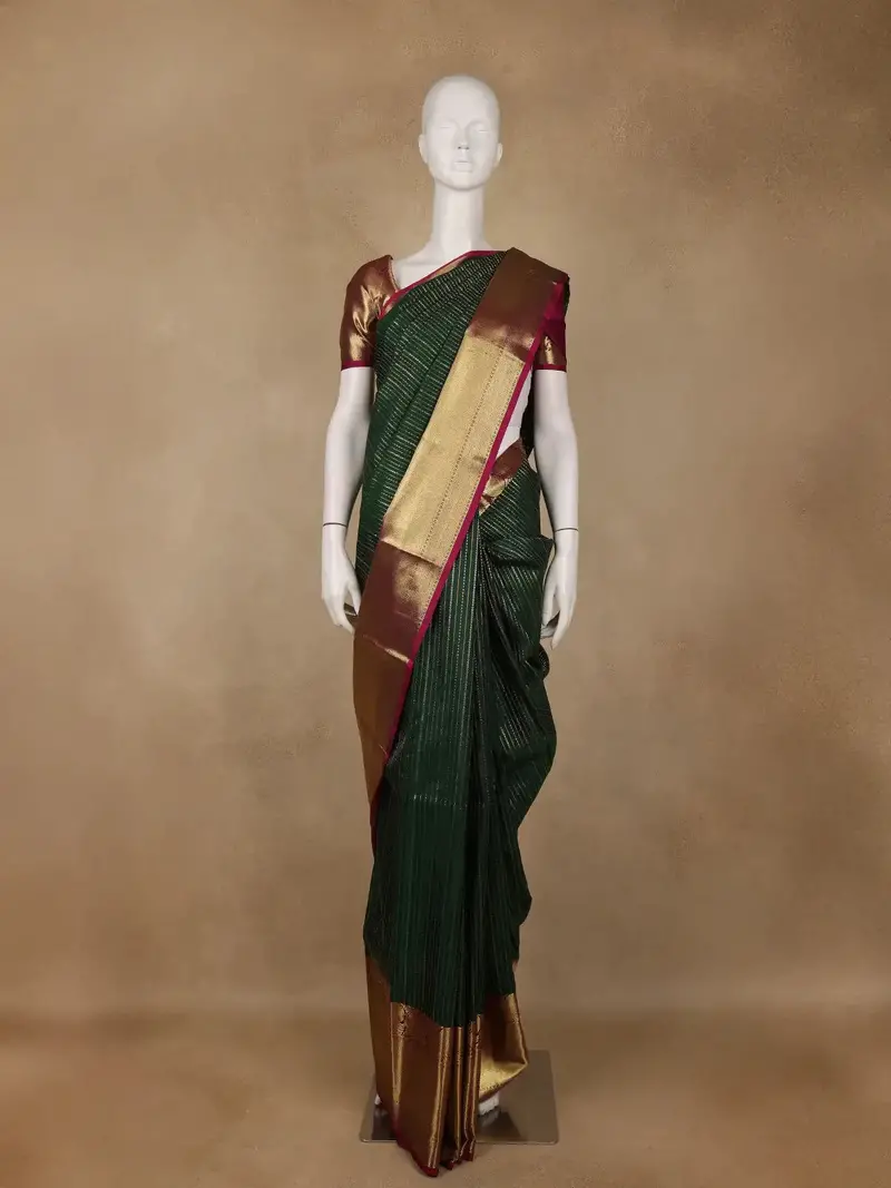 Bottle Green Stripes Zari Designed Silk Saree 1