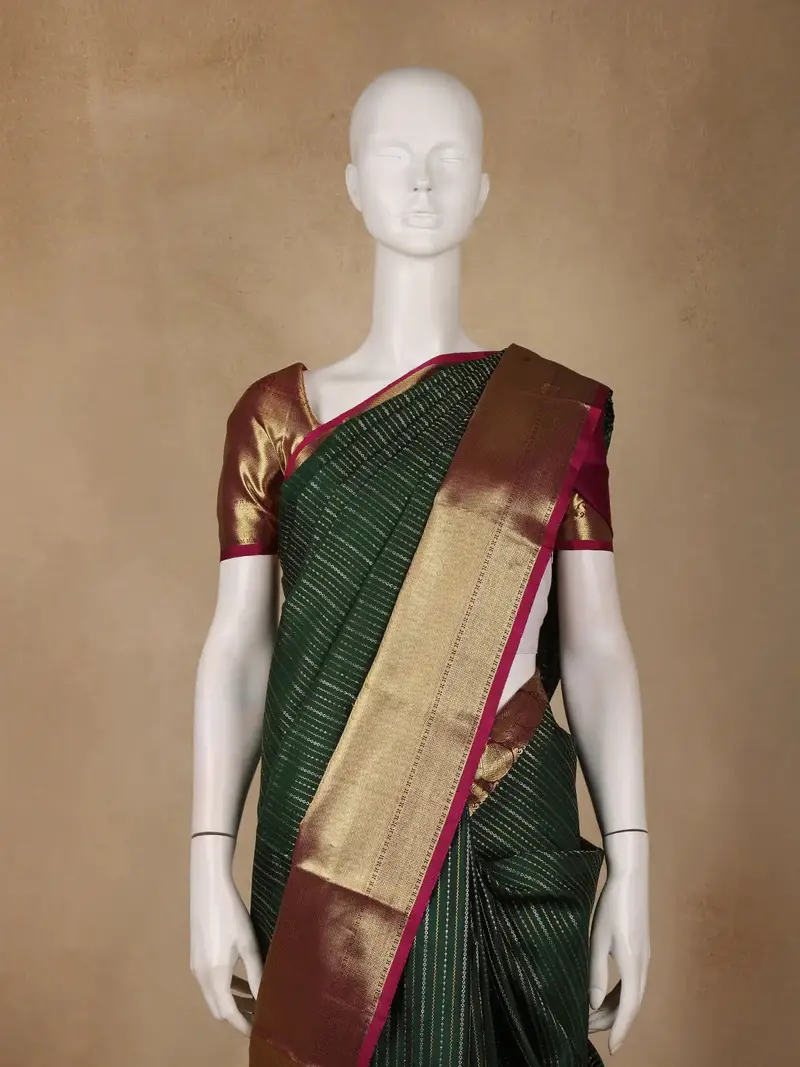 Bottle Green Stripes Zari Designed Silk Saree 2