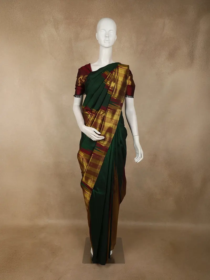 Bottle Green Temple Zari Woven Design Pure Kanchipuram Silk Saree 1