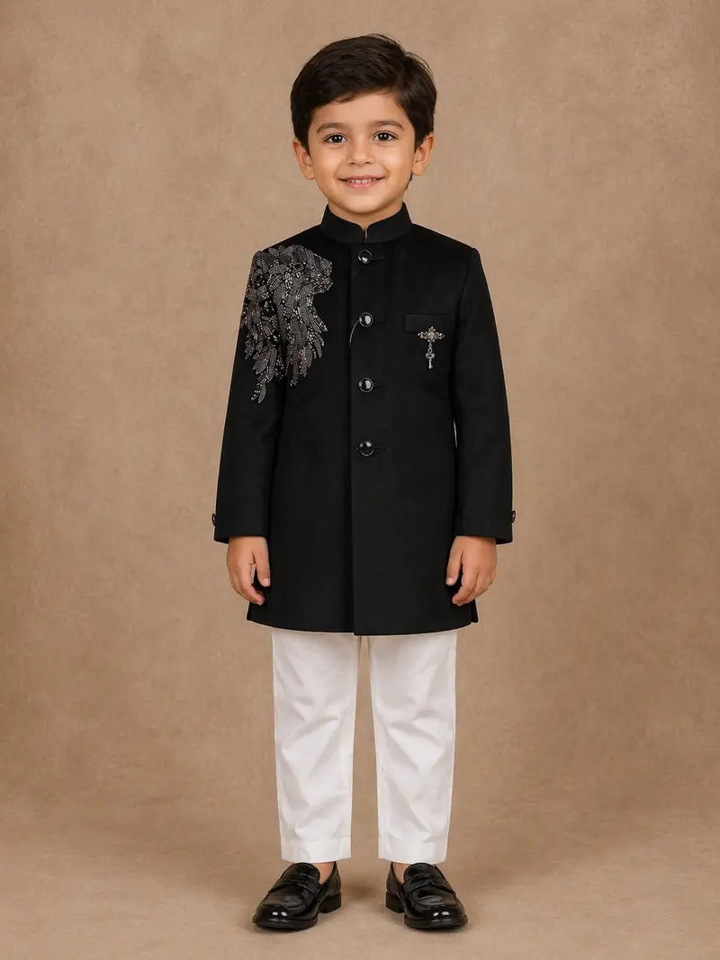 Bottle Green Velvet Indo-Western Kids Sherwani With Beads Embellished Shoulder 1