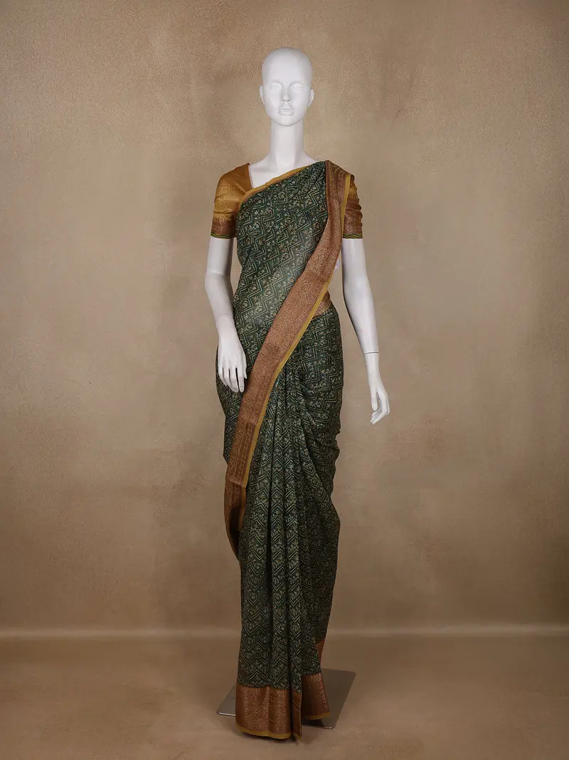 Bottle Green Zig-Zag Floral Printed Chanderi Cotton Saree With Zari Border 1