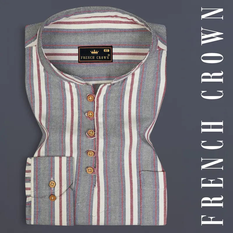 Boulder Gray Striped Diagonal Twill Textured Premium Cotton Kurta Shirt 1