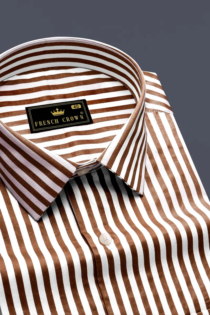 Bralisse-Tawny Brown And Bright White Striped Subtle Sheen Super Soft Premium Cotton Dress Shirt 2