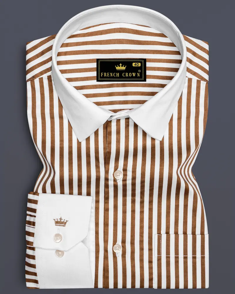 Bralisse-Tawny Brown And Bright White Striped Super Soft Premium Cotton Dress White Cuff Collar Shirt 1