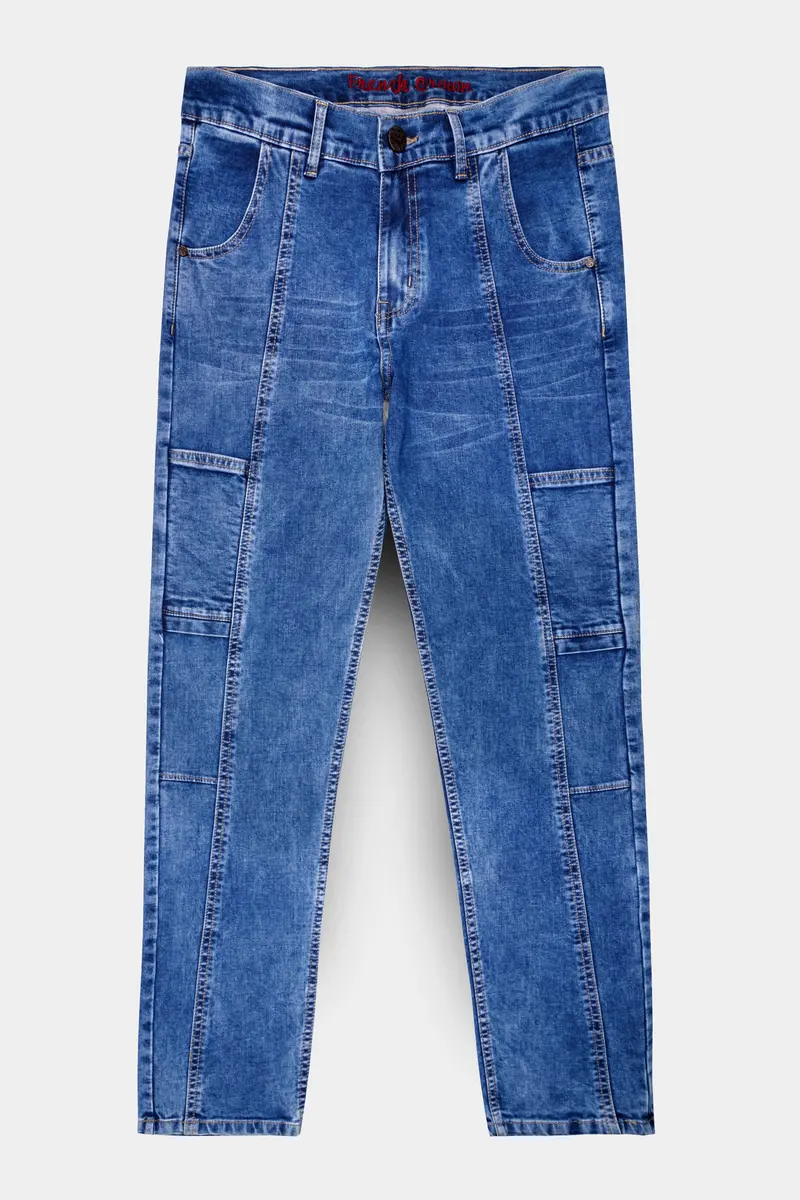 Brandeis Blue Whiskering Washed Stretchable Cargo Denim 2