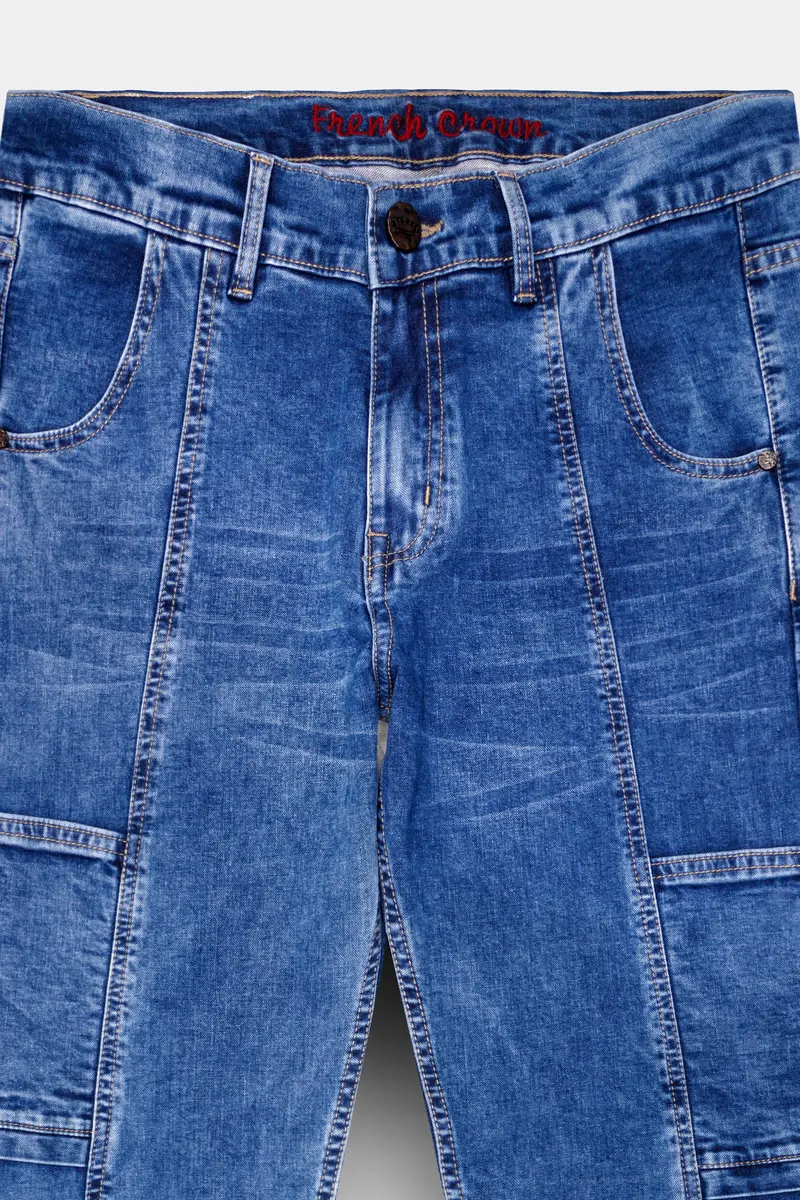 Brandeis Blue Whiskering Washed Stretchable Cargo Denim 4