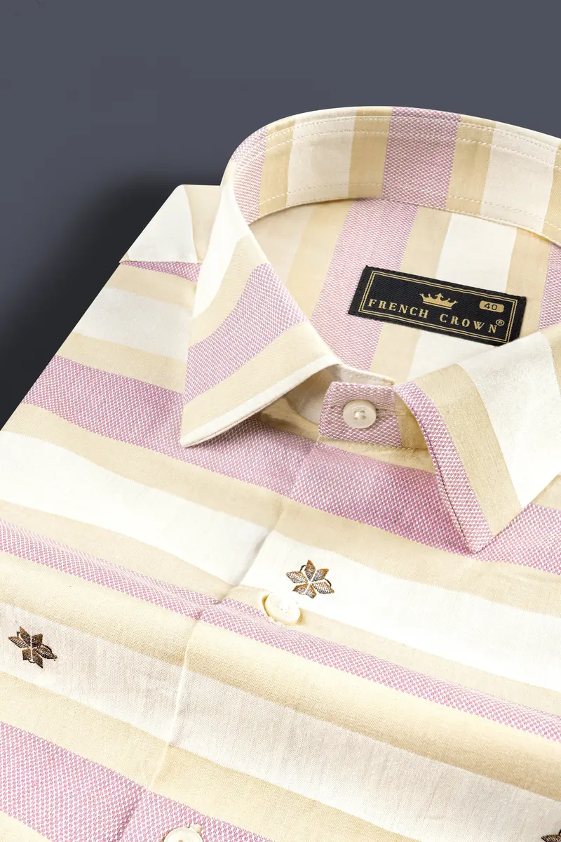 Brandy Pink With Bizarre Cream And White Striped Jacquard Textured Premium Giza Cotton Shirt 1