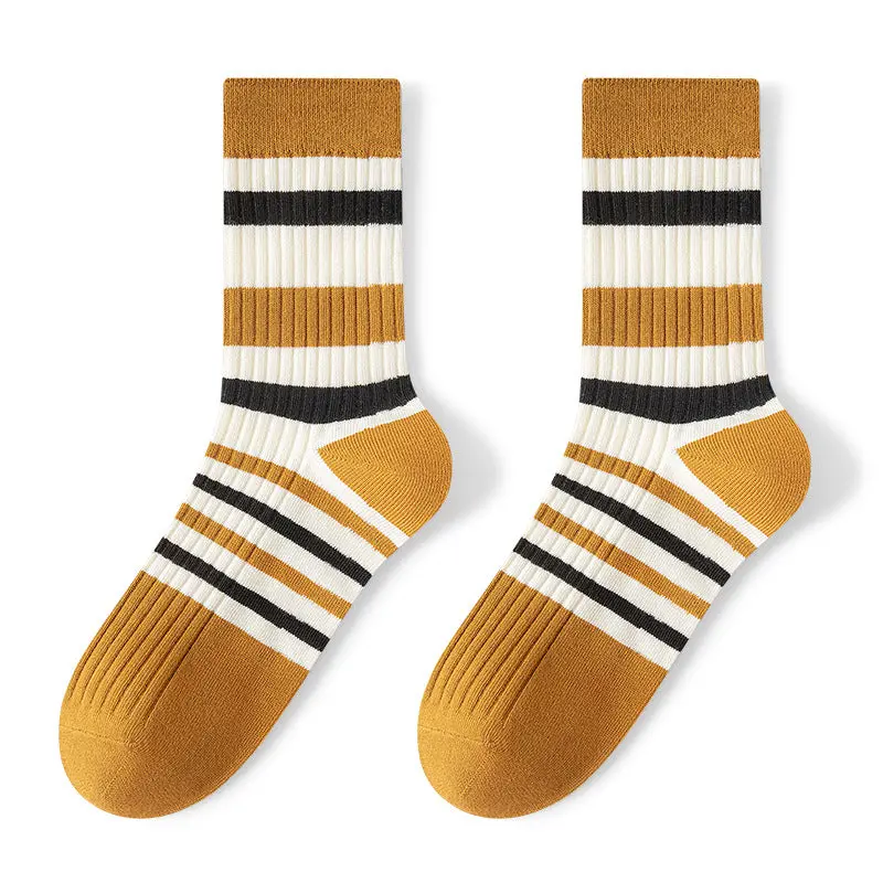 Breathable Sweat Absorbing Men's Mid-Calf Length Sock Striped Colors Retro Socks 2