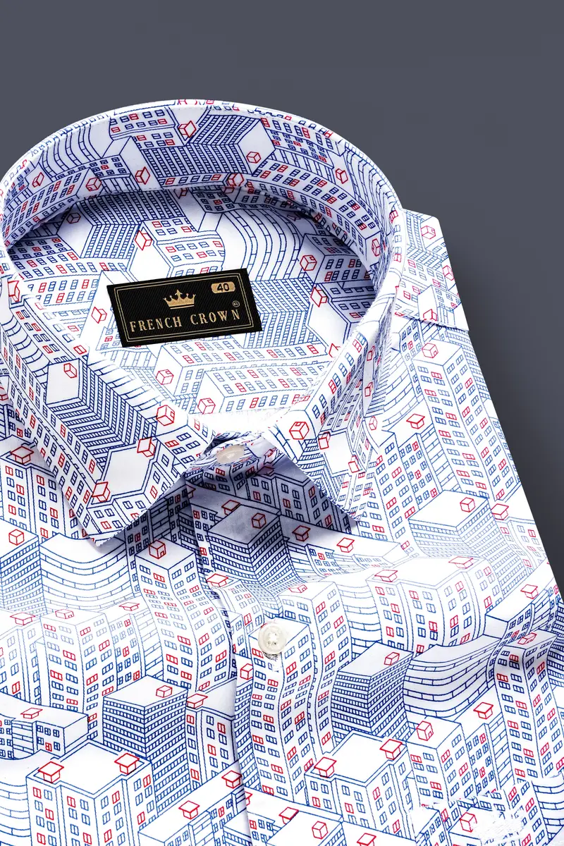 Breezy Blue-Stratos And Bright White Printed Subtle Sheen Super Soft Premium Cotton Semi Formal Shirt 1