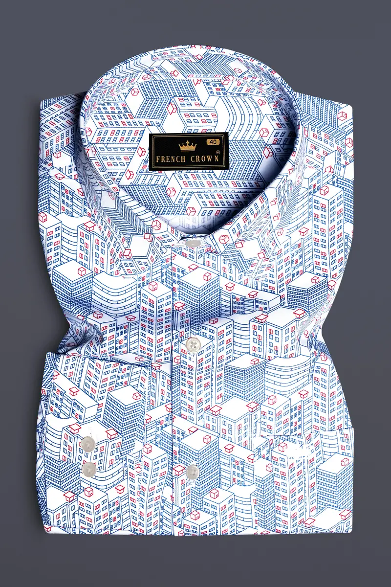 Breezy Blue-Stratos And Bright White Printed Subtle Sheen Super Soft Premium Cotton Semi Formal Shirt 3