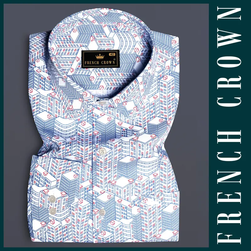 Breezy Blue-Stratos And Bright White Printed Subtle Sheen Super Soft Premium Cotton Semi Formal Shirt 5