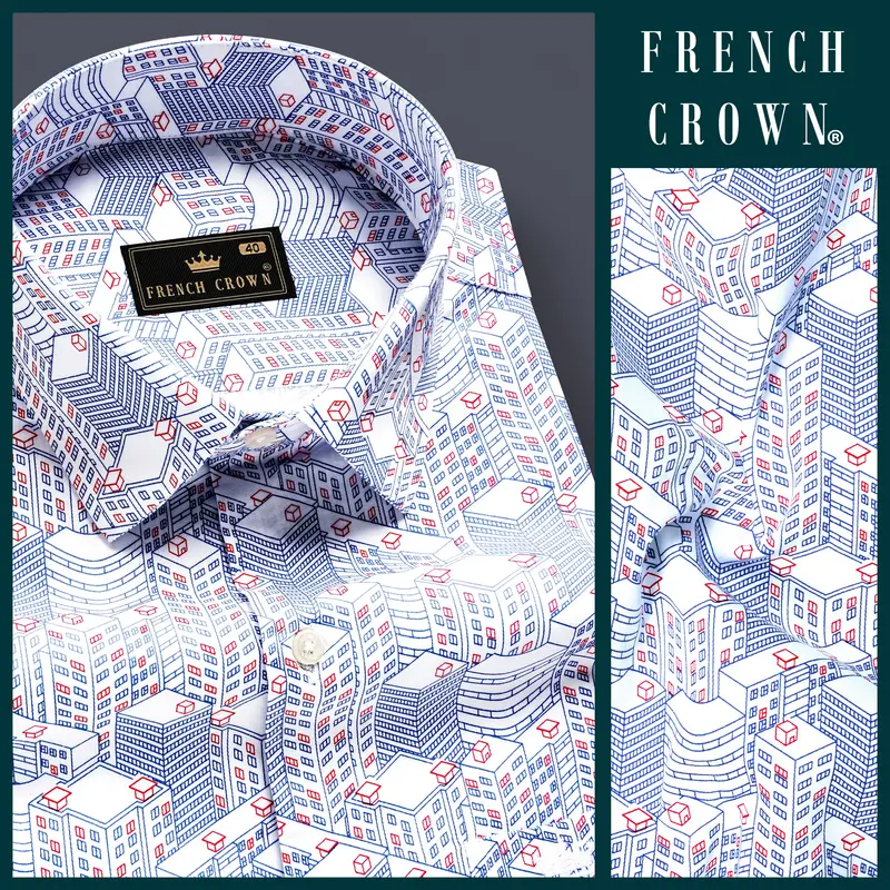 Breezy Blue-Stratos And Bright White Printed Subtle Sheen Super Soft Premium Cotton Semi Formal Shirt 8