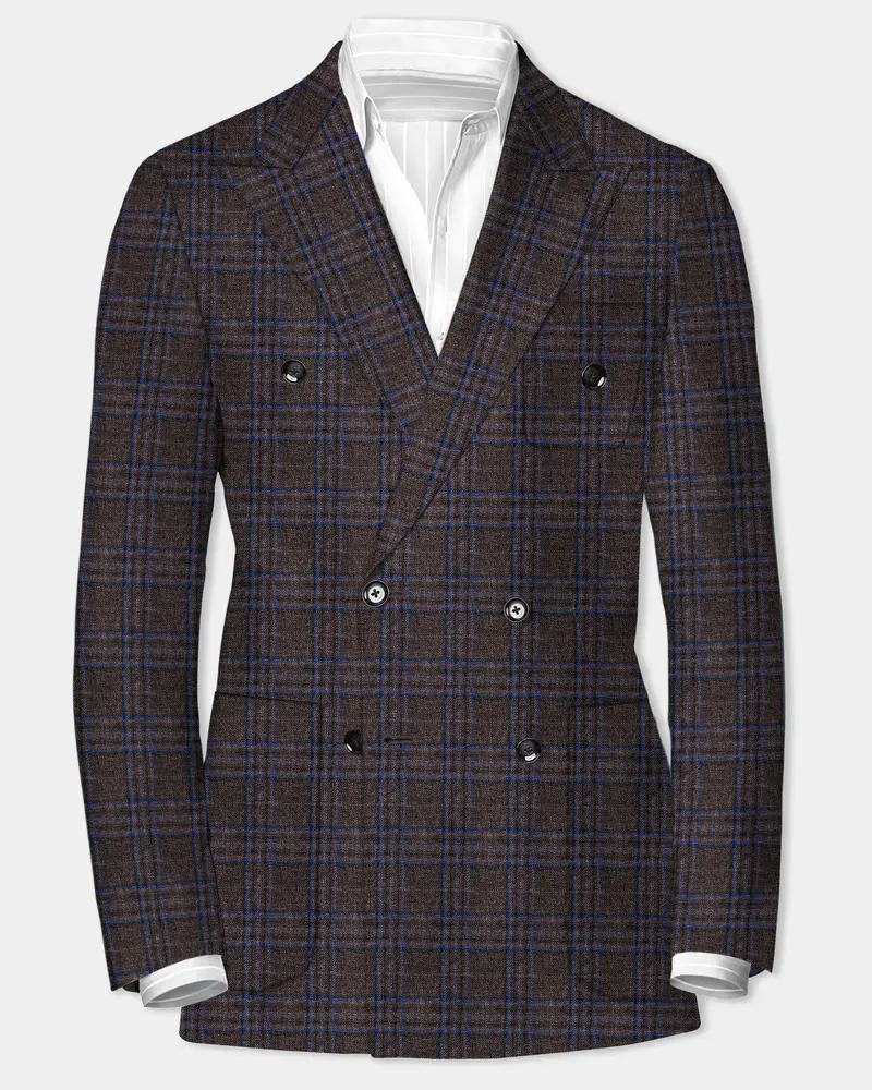 Brich Brown Plaid Wool Rich Double Breasted Sport Blazer 1