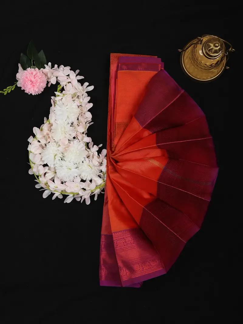 Brick Orange Floral Butta Design Soft Silk Saree With Contrast Purple Zari Border 1