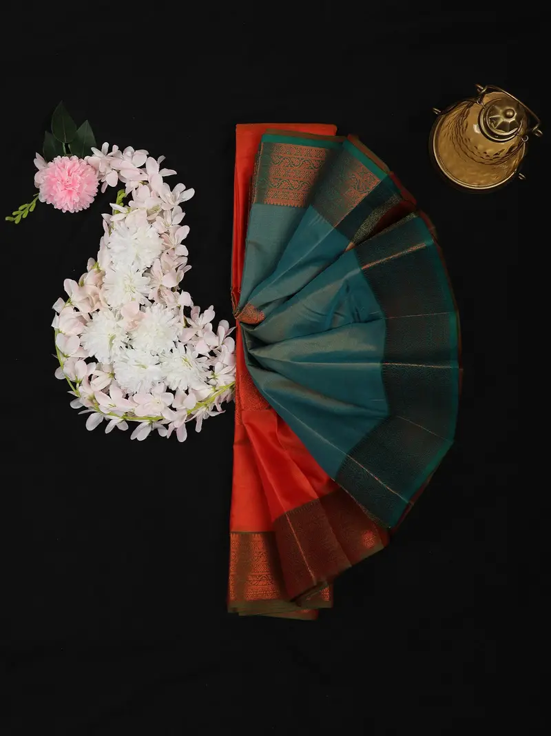 Brick Red Butta Design Soft Silk Saree With Contrast Green Zari Border 1