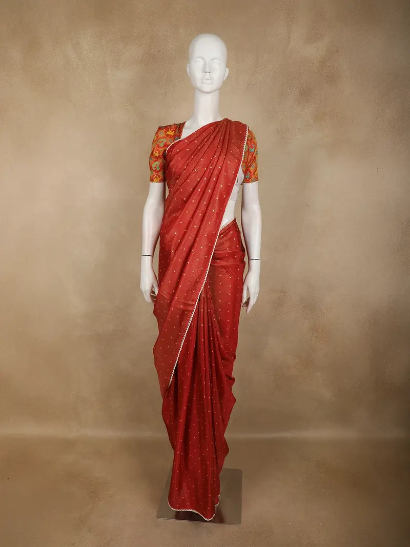 Brick Red Butta Woven Design Soft Tissue Saree With Scalloped Border 1