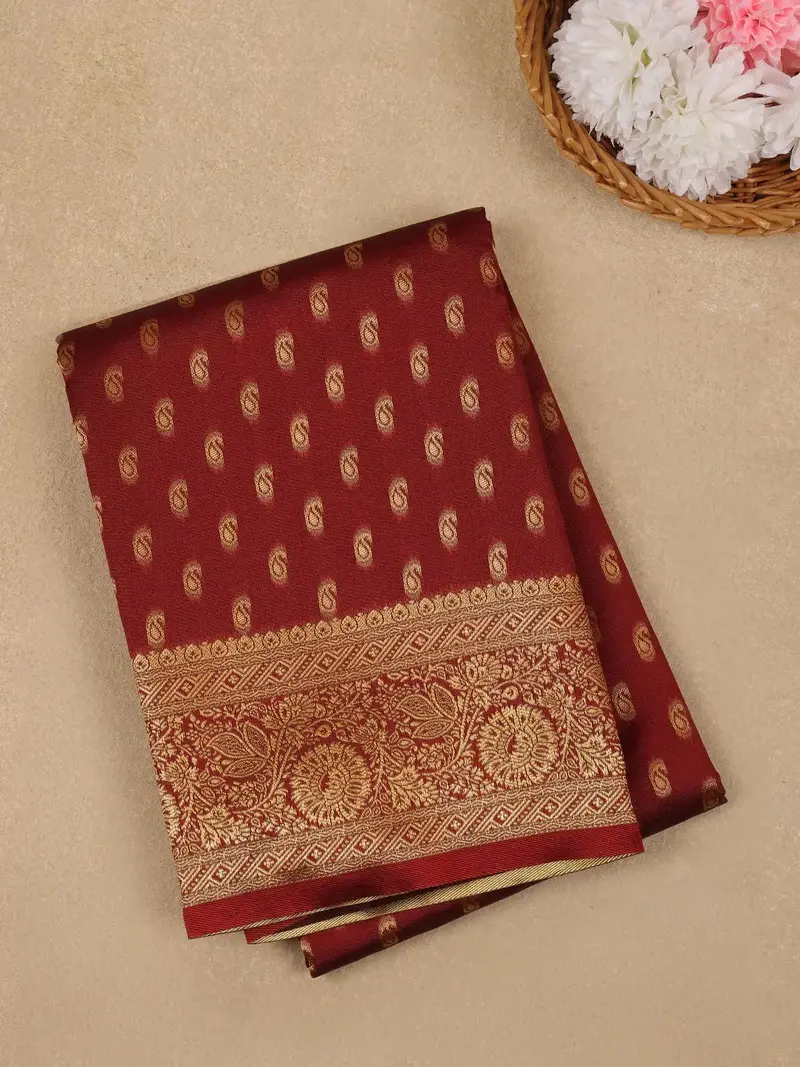 Brick Red Floral Design Silk Saree 1