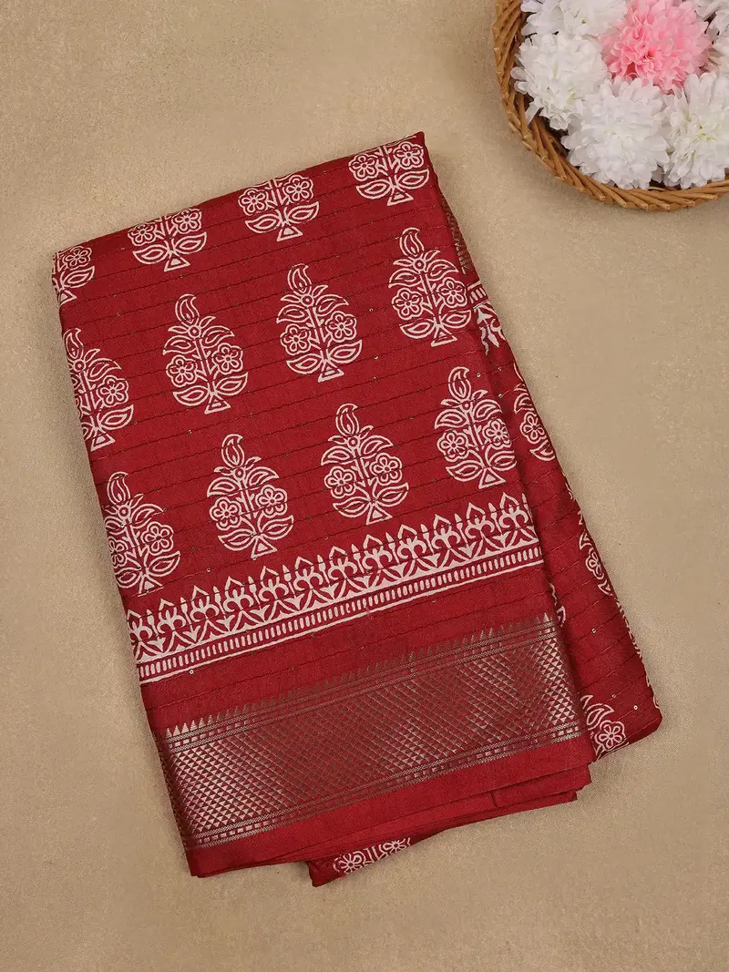 Brick Red Floral Designed Cotton Saree 1