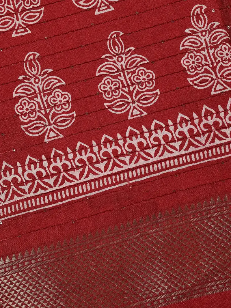 Brick Red Floral Designed Cotton Saree 2