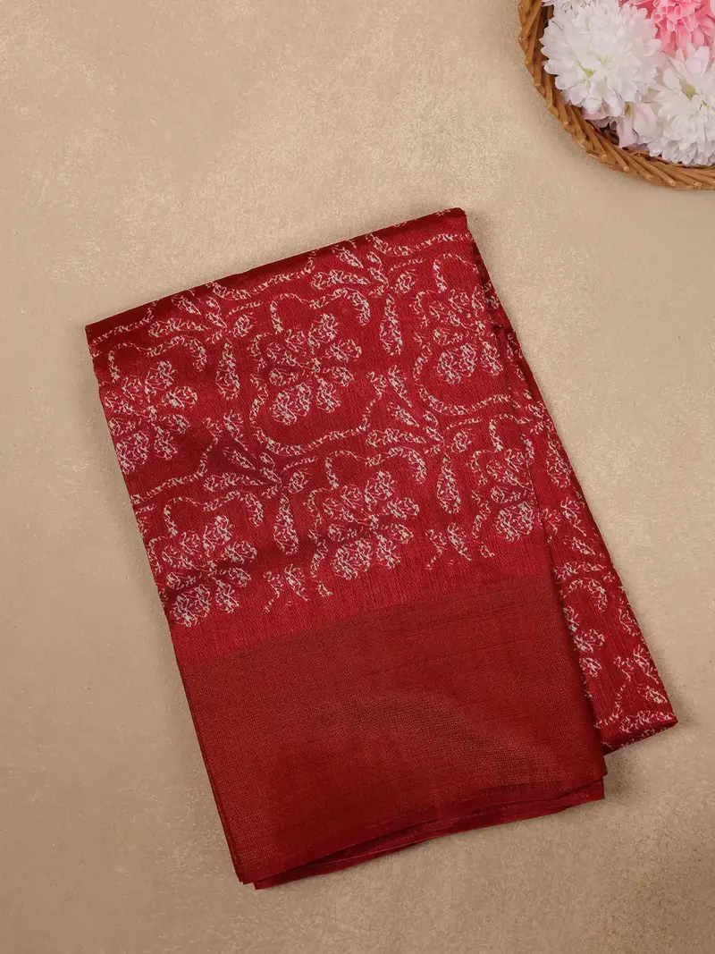 Brick Red Floral Printed Cotton Saree 1