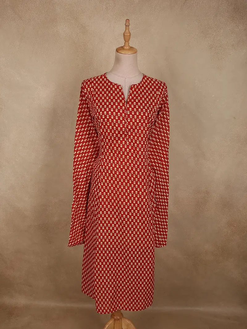 Brick Red Floral Printed Design Cotton Kurti 1